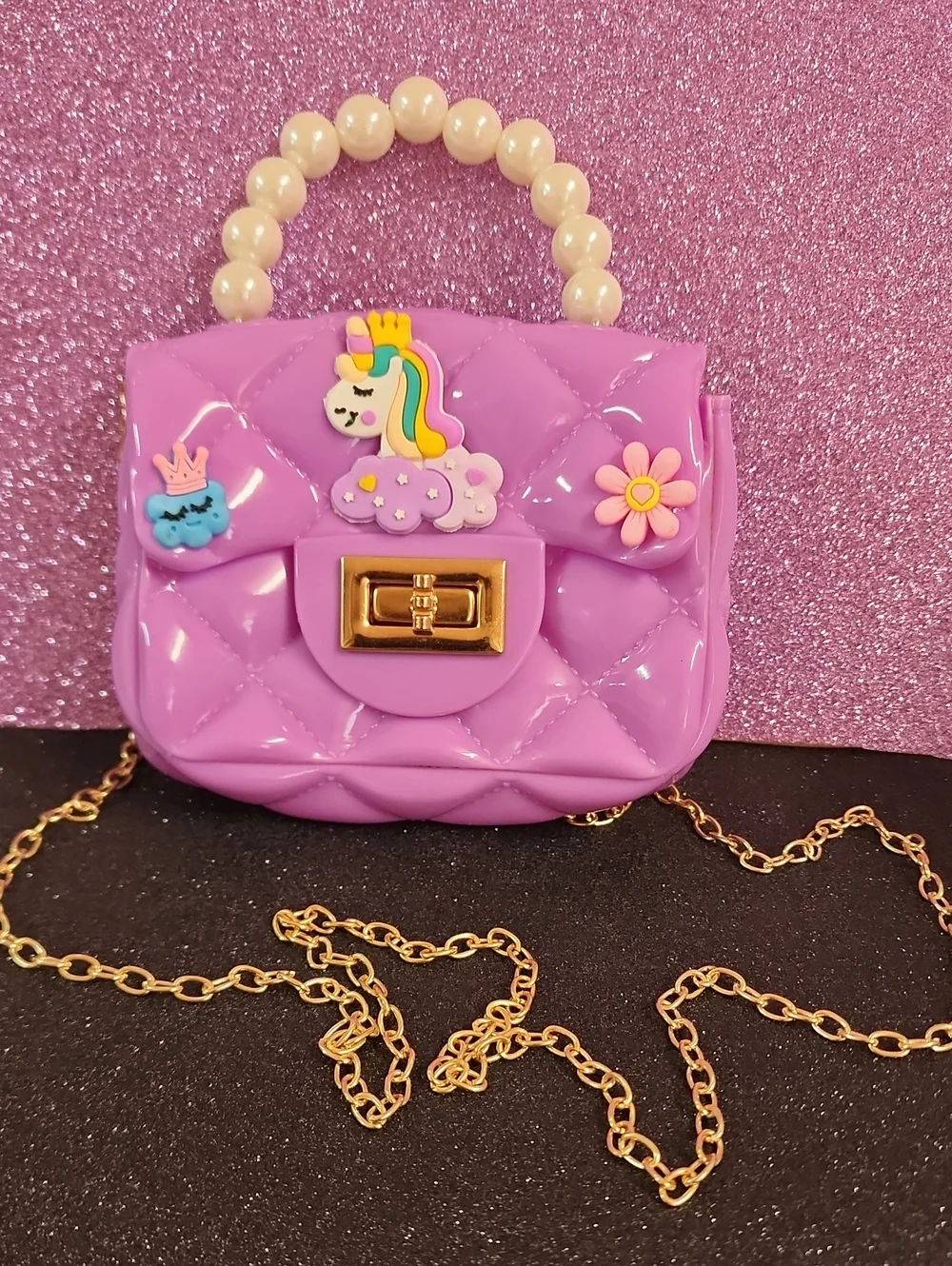 Kids Purple Unicorn Pearl-Handle Mini Bag with Gold Chain